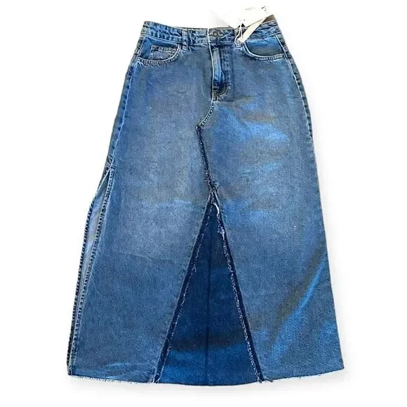STRADIVARIUS | Blue | LONG DENIM SKIRT WITH SLIT - Picture 2 of 7
